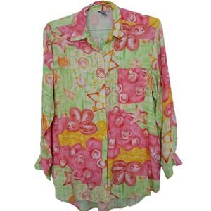 Ritanelli Shirt Sz L Retro Beachy Core Button Front Green Pink Starfish Print